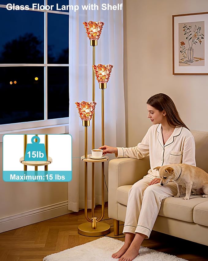 Lightdot Glass Floor Lamp with Shelf Mid Century Modern Gold Floor Lamps with Rose Red Glass Shade & Warm White Bulbs Included Standing Tall Lamp with 5Lbs Heavy Base for Living Room/Wedding/Office