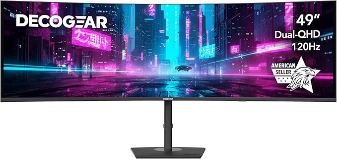 Deco Gear 49″ Curved Ultrawide Dual-QHD Monitor | 5120×1440 32:9 HDR400 | 120Hz VA Panel | USB-C 65W PD, FreeSync, PBP/PIP, KVM Switch | Built-in Speakers & Ergonomic Stand