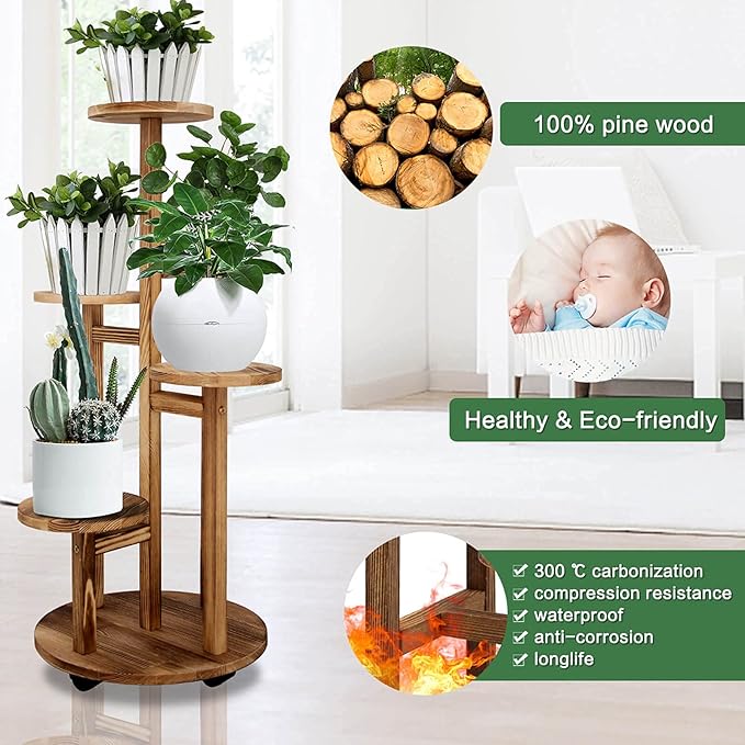 GEEBOBO 5 Tiered Tall Plant Stand for Indoor, Wood Plant Shelf Corner Display Rack, Multi-tier Planter Pot Holder Flower Stand for Living Room Balcony Garden Patio (Brown)