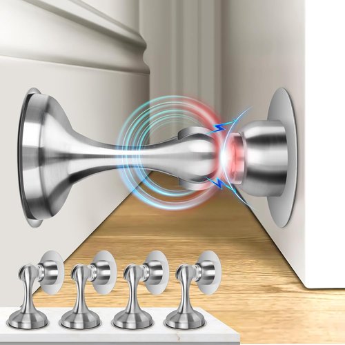 Crosize Magnetic Door Stoppers - 4 Pack Stainless Steel Wall & Floor Mounting | No Drilling, Silver