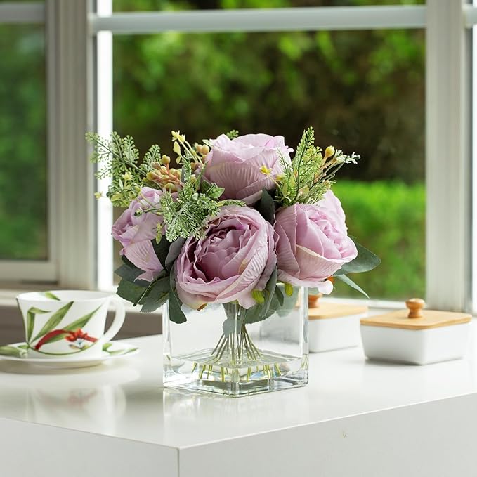ENOVA FLORAL Artificial Flower Arrangement with Vase,Mixed Artificial Fake Silk Peony Flower in Vase for Decoration Home Office, Wedding Centerpiece (Light Pink)