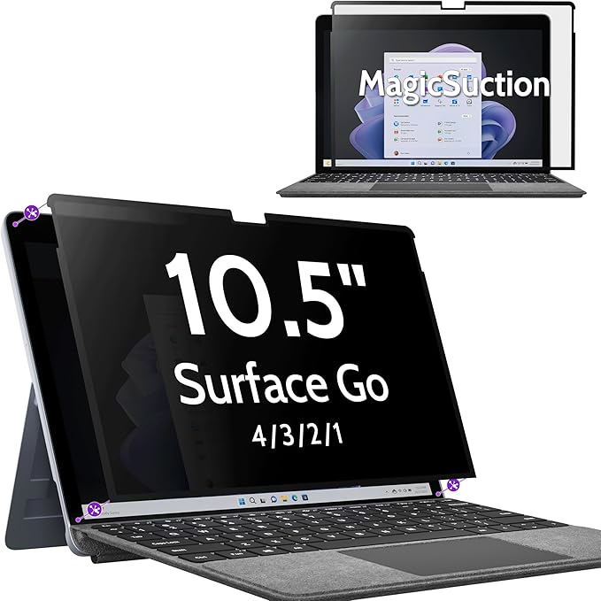 Peslv Privacy Screen for 10.5 Inch Surface Go 4/3/2/1, MagicSuction™ Removable Anti Spy Black Protector, Glare Blue Light Filter for Microsoft Laptop Computer Monitor