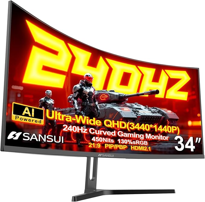 SANSUI 34 Inch 240Hz Ultrawide Curved Gaming Monitor UWQHD 3440×1440, 21:9 2K Curved Monitor 1500R,HDR400,Fast VA, PIP/PBP,AI Crosshair,AIPQ(Visual Enhance),MPRT 1ms,HDMI2.1*2,DP1.4*2(DP Cable Incl.)