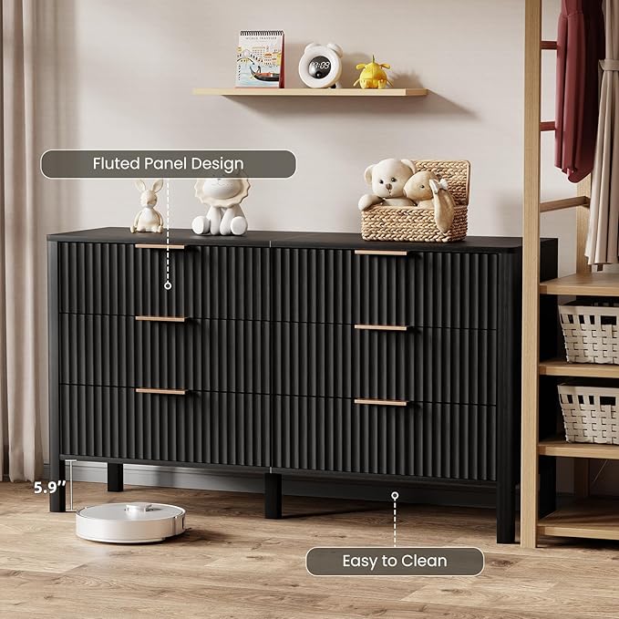 55" Wide Fluted 6 Drawer Dresser for Bedroom, Wooden Dresser Modern Chest of Drawers TV Stand Dressers with Organizer Storage for Bedroom, Living Room, Entryway, Hallway, Black