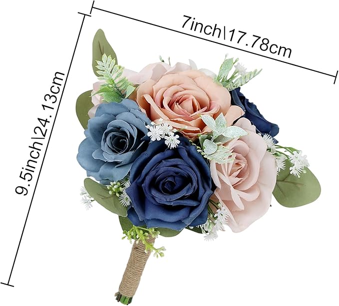 Set of 2 Bridesmaid Bouquets for Wedding - 7 Inch Artificial Flowers Bouquets for Ceremony Anniversary Centerpieces Decorations - Navy Blue and Dusty