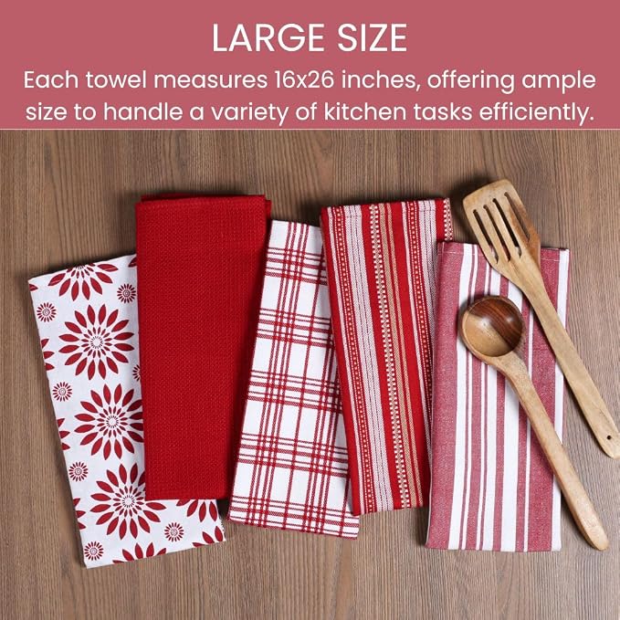 Assorted Kitchen Towels Large 16x26 inches 100% Cotton Set of 5 - Soft Absorbent Washable Tea Towel for Kitchen - Dish Cloths with Hanging Loop - Quick Drying Dish Towels Red