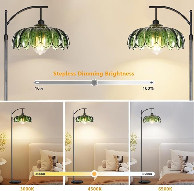QIYIZM Glass Floor Lamp for Living Room,Bedroom,Gold Dimmable Standing Lamp with Remote,Mid Century Modern Brass Tall Lamp Boho Vintage Retro Floor Lamps Arc Green Flower Floor Light Lamp Bohemian
