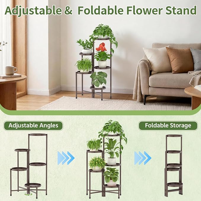 LASZOLA 5 Tier Large Plant Stand Indoor Tall with 10 Inch Metal Tray, Corner Folding Flower Display Rack, Modern Plant Holder Shelf for Outdoor Patio Porch Garden Office Living Room, Bronze