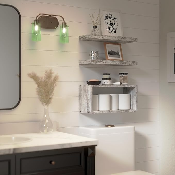 RICHER HOUSE Floating Shelves Set of 3, Farmhouse Bathroom Wall Mounted Shelves with Invisible Brackets Over Toilet, Wall Shelves for Bathroom Bedroom, Living Room, Kitchen - Rustic White