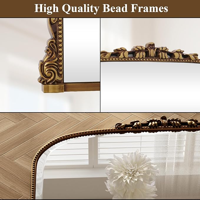 24"×32" Gold Wide Arched Wall Mirror, Vintage Carving Bathroom Vanity Makeup Mirror, as Wall Decor Hanging Leaning for Fireplace Mantle, Living Room, Bedroom, Vanity Area