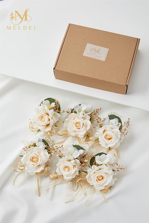 Meldel Champagne Boutonniere for Men Wedding, Set of 6, Groom and Groomsmen Boutonniere for Wedding Ceremony Anniversary Party, Rustic Fall Wedding, Artificial Rose Boutonnieres Prom Suit Decorations