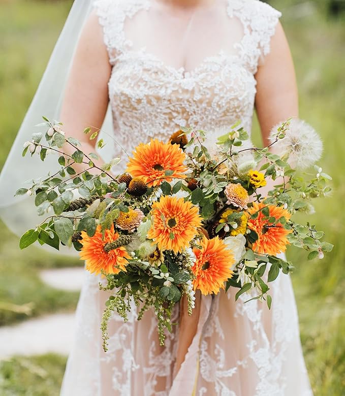 12pcs Artificial Gerbera Daisies 17.7’’ Orange Fake Daisy Flowers Faux Silk Flowers with Stems for Wedding Home Kitchen Party Garden Indoor Decoration(Orange)