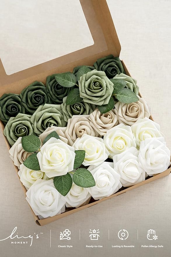 Ling's moment Artificial Flowers, 25Pcs 3" Roses in Sage Shades, Realistic DIY Foam Floral Decor for Wedding Bouquets/Centerpieces, Outdoor Party Backdrops, Room/Table, and Garden/Pot Decorations