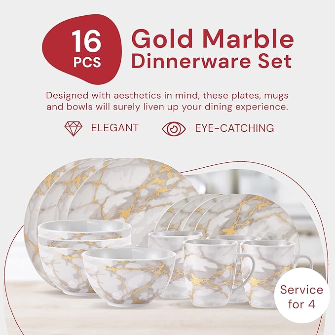 Safdie & Co 16-Piece Modern Premium Porcelain Ceramic Dinner Set, Lightweight Designed, Stackable, in Gold Marble/Gray Finish
