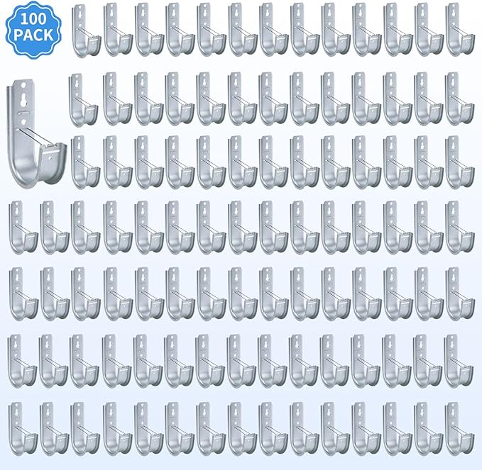 100 Pack 2-Inch Galvanized Steel Cable Support J-Hooks with Retainer Clips - Heavy Duty Wall Mount Cable Management Hooks for Structured Cabling & Organization