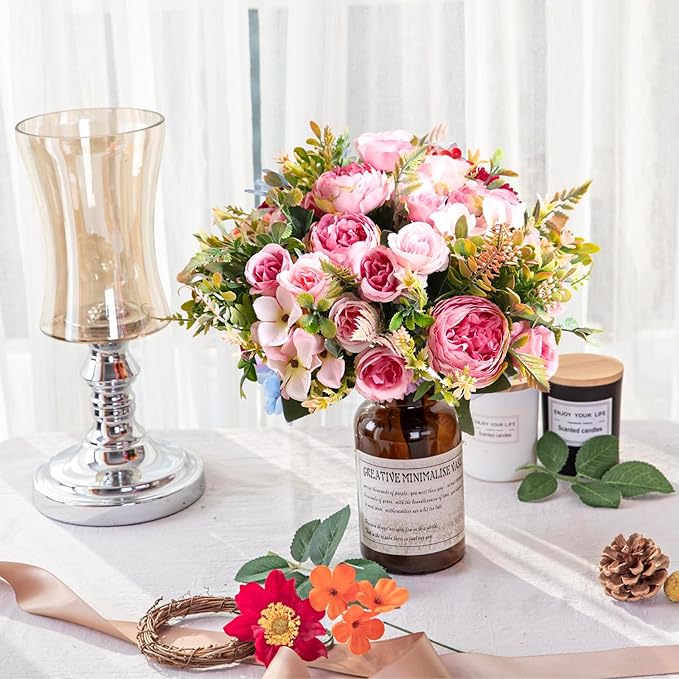 ASTRYAS 4 Packs Artificial Fake Flowers, Pink Flowers Artificial Peony Silk Fake Peonies Bouquet Table Centerpiece for Spring Summer Wedding Shower Party Home Decoration(Pink)