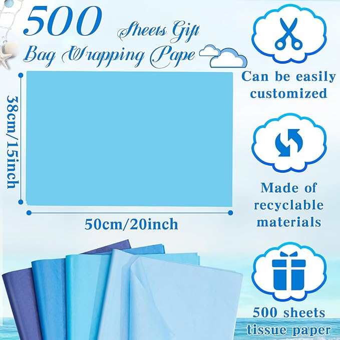 Qilery 500 Sheets Blue Tissue Paper Bulk for Gift Bags 15 x 20 Inch Acid Free Packaging and Wrapping Paper Sheets for Winter Hanukkah Decoration DIY Crafts, Bouquet, Wedding Birthday Party, Packing