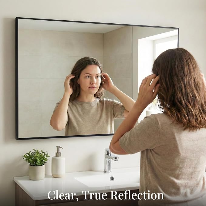 48"x30" Black Landscape Bathroom Mirror for 48-60 inch Vanity, Shatterproof Tempered Glass, Narrow Metal Frame, Ultra-Flush Mount
