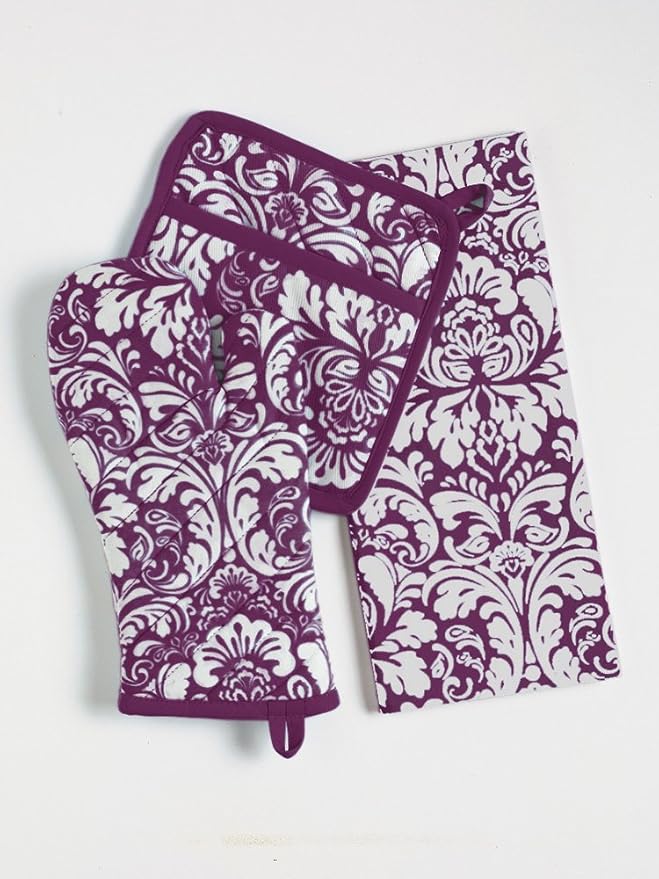 DII Cotton Dish Towel Set Damask Print, 18x28, Eggplant, 2 Count