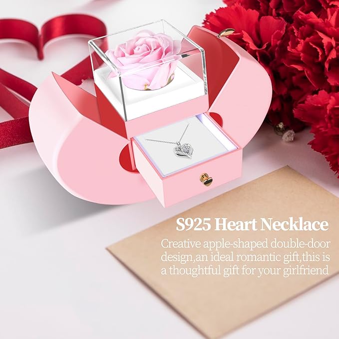 Preserved Real Pink Rose with S925 Sterling Silver Necklace, Gifts for Girlfriend, Women,Wife, Mom,Grandma on Christmas, Valentine's Day, Mother's Day, Birthday, Anniversary, Thanksgiving (Pink)