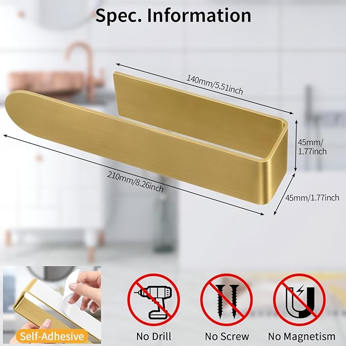 2 Pack Gold Hand Towel Holder, Adhesive Towel Bars Wall Mounted, 8 Inch Square Hand Towel Racks Stick on Wall for Bathroom Kitchen