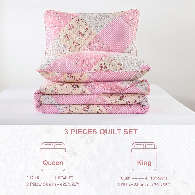 Dinjoy Floral Plaid Patchwork Quilt Set King Size, Reversible Pink Bedding Set Soft Microfiber Lightweight Bedspread Coverlet 3 Piece Fall Autumn Summer Use (110x90 inches)