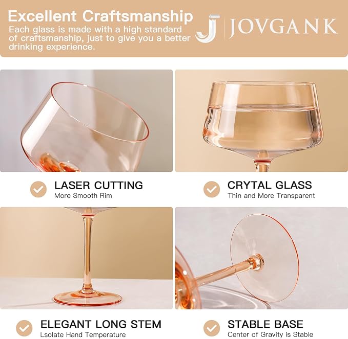 JOVGANK Colored Coupe Glasses Set of 6, Hand Blown Colorful Martini Glasses 13Oz, Champagne & Cocktail Luxury Glasses, Bar Manhattan and New Year Glass, Mother's Day Gift for Ice Cream Dessert