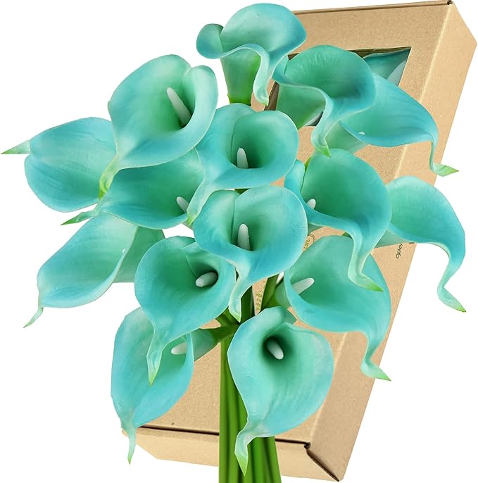 FiveSeasonStuff Real Touch Calla Lily Artificial Flowers Wedding Bridal Bouquet | Floral Arrangements | 15 Calla Lilies (Marine Blue)