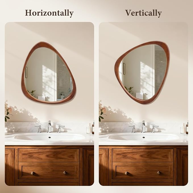24''x19'' Asymmetrical Mirror with Wood Frame, Small Irregular Wall Odd Shaped Mirror Mid Century Modern Decor for Bedroom Living Room Entryway Hall