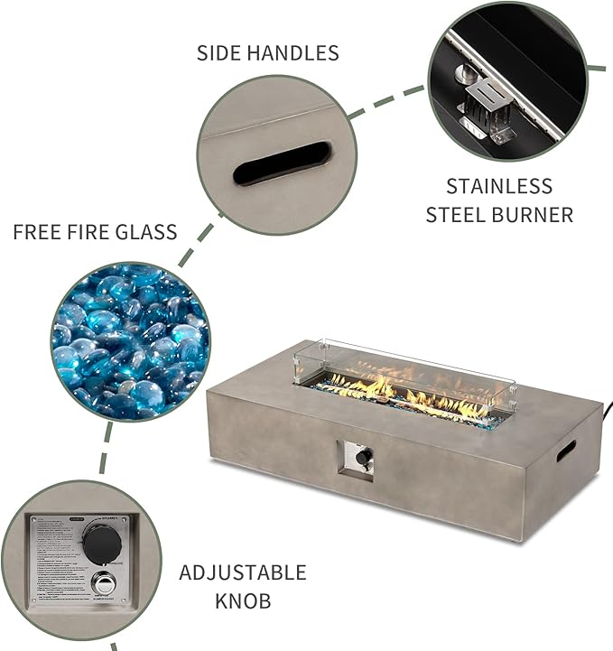 COSIEST Outdoor Propane Fire Pit Table, 56-inch x 28-inch Rectangle Gray Concrete-Like Finish, Certified, 50,000 BTU Stainless Steel Burner w Blue Fire Glass, Wind Guard, Raincover