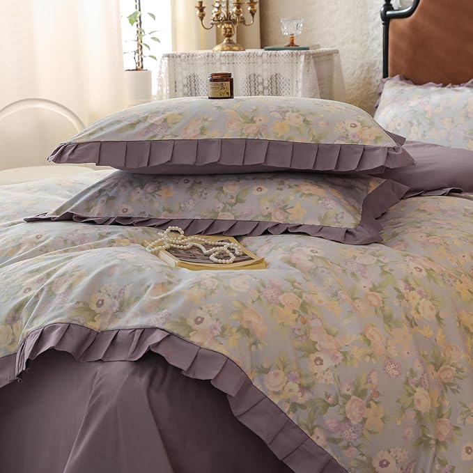 Garden Style Flower Duvet Cover with Purple Ruffles Vintage Floral Duvet Cover 100% Cotton Princess Lace Bedding Set Botanical Flower Comforter Cover Boho Cottagecore Bedding Cover with Zipper Ties