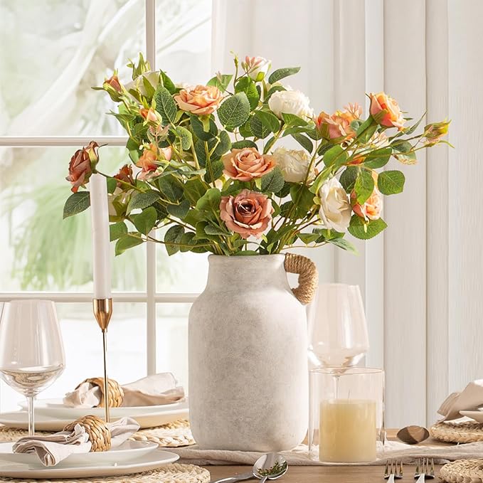 Ceramic Flower Vase Home Decor - 10.6 inch Tall Large White Rustic Table Flowers Vases with Handle Living Room Bedroom Plant Decoration Farmhouse Vintage for Kitchen Shelf Office Coffee Dining Desk