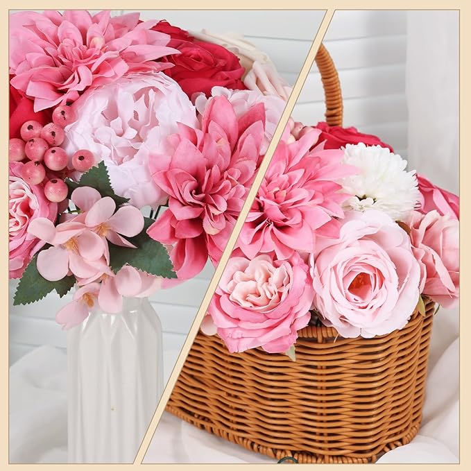 Artificial Flower Box Set – Faux Floral Bouquet for Party&Table Centerpieces, Realistic Pink Flowers Artificial for Home & Wedding Decoration,Bulk Fake Flowers with Stems