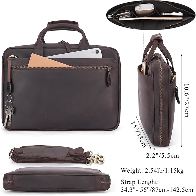 Leather Slim Briefcase for Men 15.6" Laptop Crossbody Messenger Bag Business Work Lawyer Attache Case