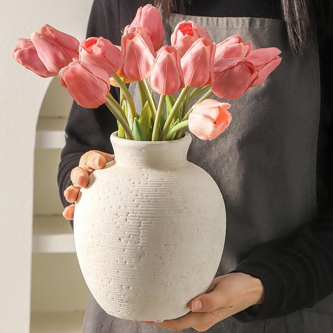 Vanselia Ceramic Flower Vase Home Decor - Farmhouse Table Vases Rustic Vintage Living Room Kitchen Bedroom Decorations for House Book Shelf Office Coffee Desk Dining Fireplace (7.4" Rustic)