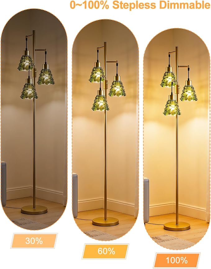 Lightdot 67" Green Glass Floor Lamps for Living Room 3-Light Dimmable Floor Lamp with Glass Shade& Bulbs Included, Mid Century Standing Tall Lamp with 5Lbs Heavy Base for Bedroom/Sofa Beside-Gold