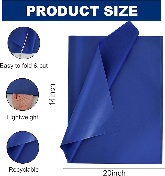 BEISHIDA 100 Sheets Royal Blue Tissue Paper Bulk, Wrapping Tissue Paper for Gift Bags, 14 x 20 Inch Gift Wrap for Birthday Wedding Graduation DIY Crafts Holiday Flowers