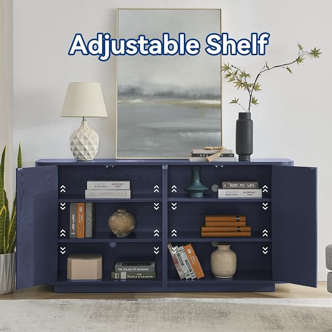 64" Sideboard Buffet Cabinet with Storage, Modern Fluted Accent Credenza with Adjustable Shelves, Wood Coffee Bar Console Table for Living Room Kitchen Dining Room Hallway, 31.5" H, Blue