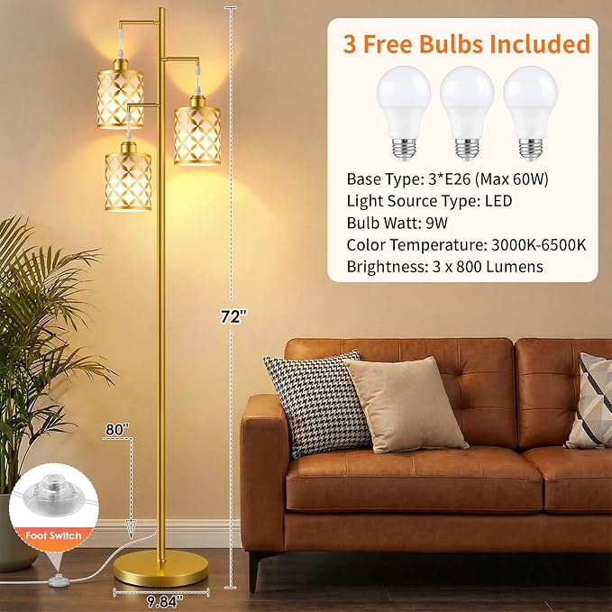 Dimmable Floor Lamp, Farmhouse Standing Lamp with Elegant Metal Cage, Industrial Tall Tree Floor Lamps for Living Room, Bedroom, Study Room, Office, 3 x 800LM LED Bulbs Included, 72", Gold