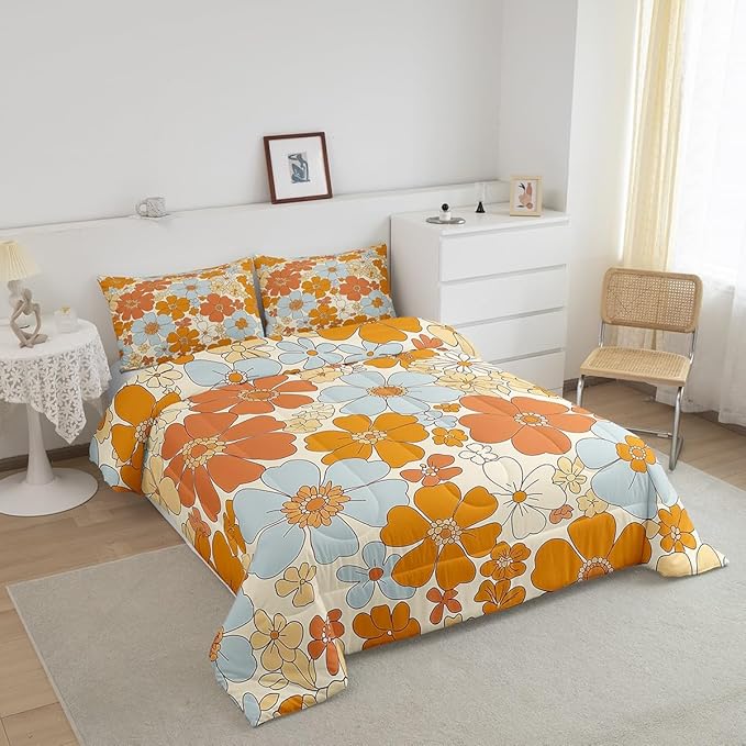 Retro 70s 60s Floral Hippie Bedding Set King Size,Summer Groovy Flowers Comforter Set Room Decor for Couple,Boho Plant Microfiber Down Comforter,2 Pillowcases