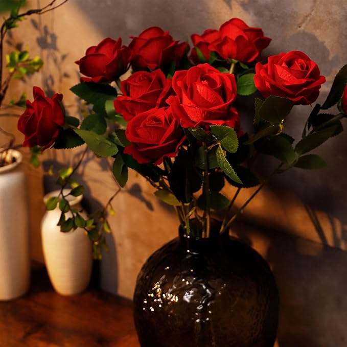Red Artificial Rose Flowers, 12 Pcs Silk Roses with Long Stems, Realistic Fake Roses for Wedding Centerpiece Party Home and Office DIY Decor
