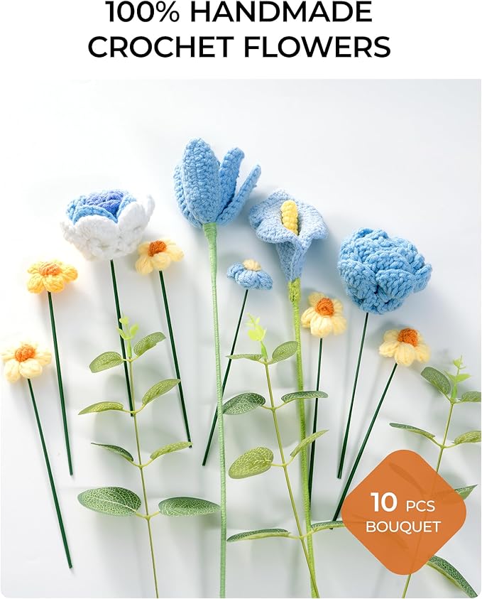 Crochet Flowers Bouquet Gift for Wife Girlfriend Fiancee Mother Women, Handmade Artificial Knit Blue Rose Tulip Flower for Wedding Anniversary Birthday Valentine's Day Present, Home Decor