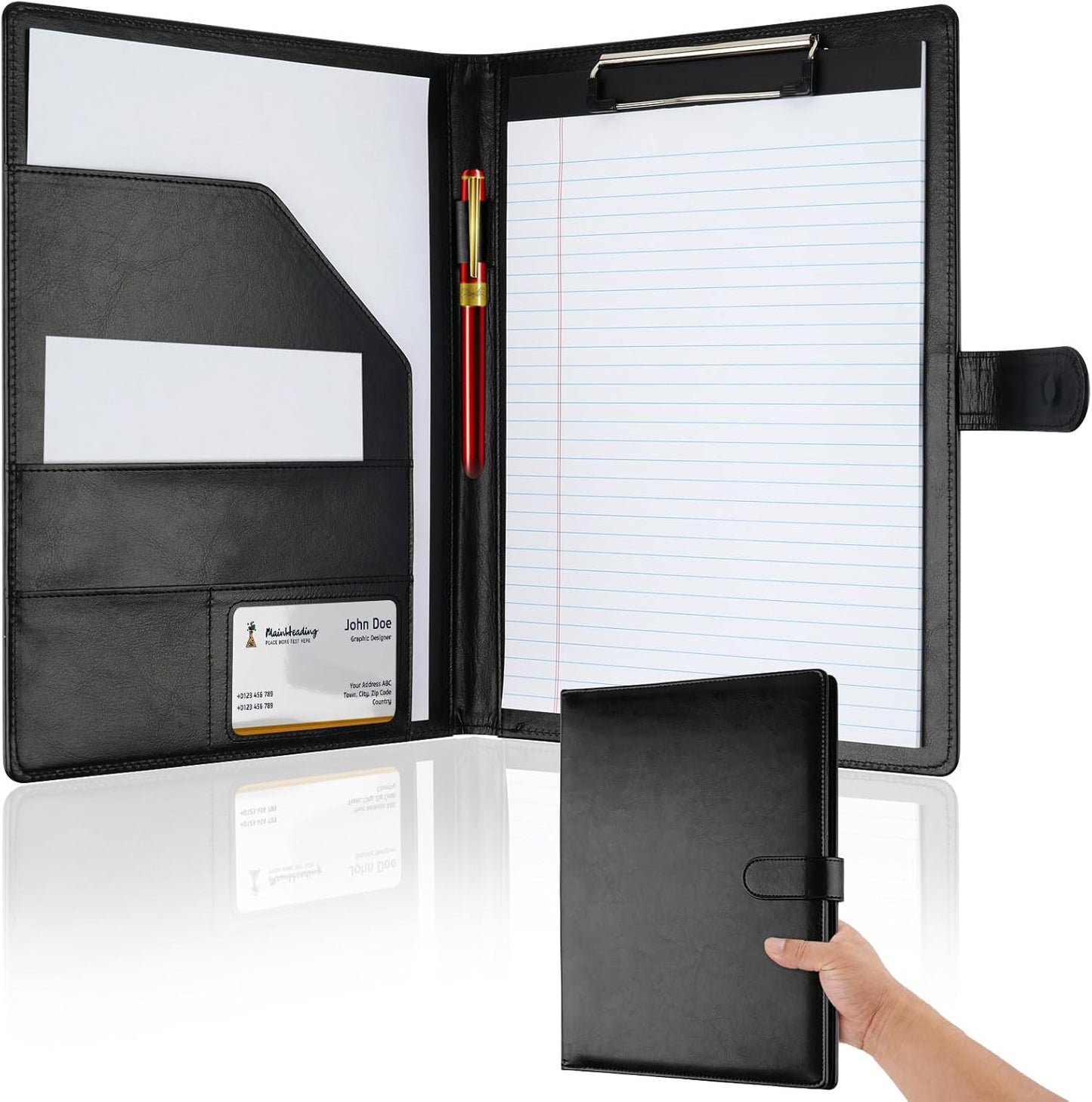 Skiennix Professional Padfolio - Faux Leather Portfolio with Clipboard | A4 Letter Size Organizer in Black