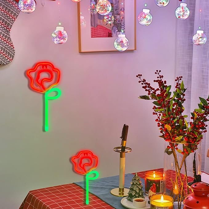 ENUOLI Rose Neon LED Signs Red Rose Flower with Green Stem Art Wall Sign for Cool Light,USB/Battery Operated Night Neon Light Flower Decor for Party,Bedroom,Bar,Wedding,Gift (Red)