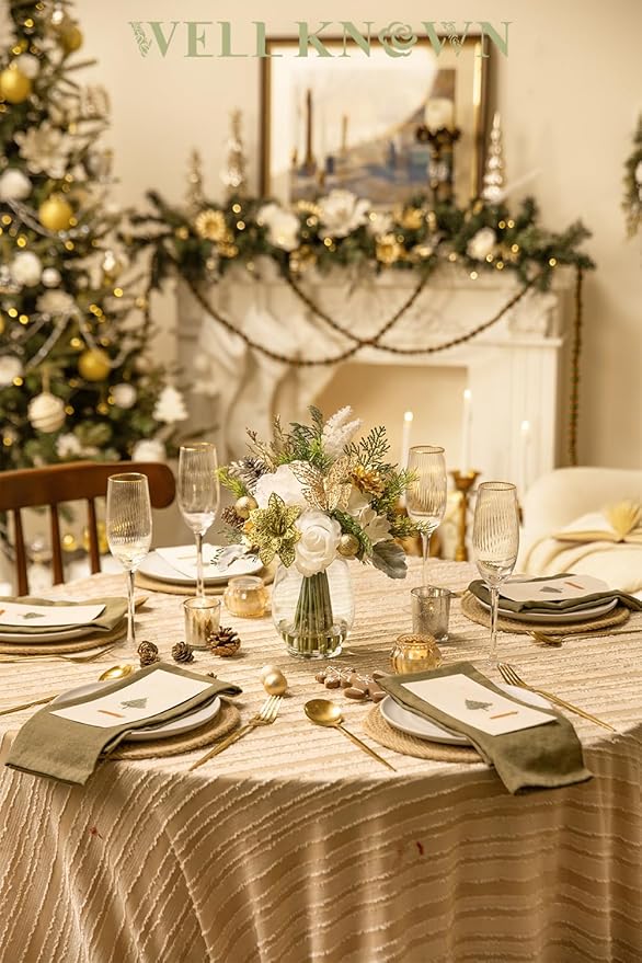 Fake Flowers in Vase, Golden Shimmer Poinsettia & Butterfly, Artificial Rose Flowers Arrangement Centerpiece for Dining Table Wedding Party Fall Winter Home Christmas Decor Gift (Gold White & Green)