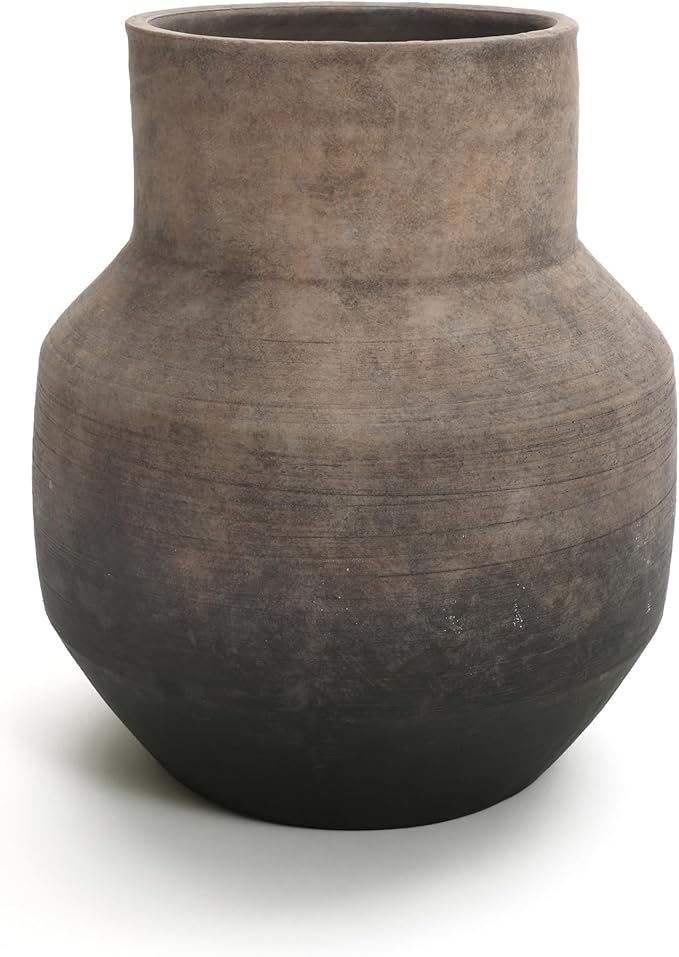 LuxenHome Round Ceramic Flower Vase, 13 Inch Brown Terracotta Vases, Vintage Large Pottery for Living Room Decor Entry Way Table Home Decor, Rustic Pottery