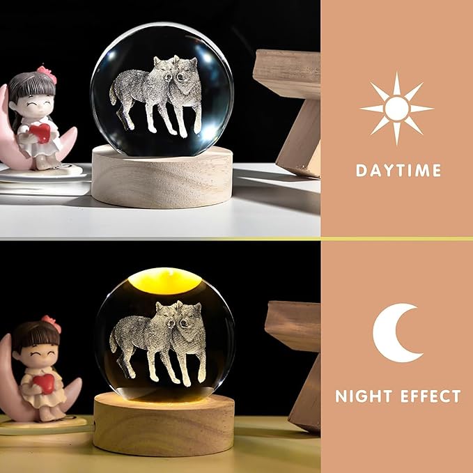 3D Wolf Crystal Ball with LED Light Base, 60mm Glass Sphere Decorative Balls, Wolf Figurine Lamp Gifts for Women Kids