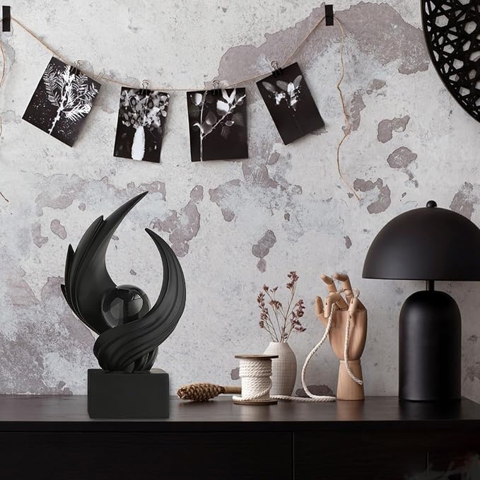 Modern Art Statue Decor, Abstract Swirl-Shaped Sculpture with Glass Ball Resin Art Figurines Centerpiece Sculptures for Home Decor Living Room Stand Coffee Table Office Bookshelf Decoration (black)
