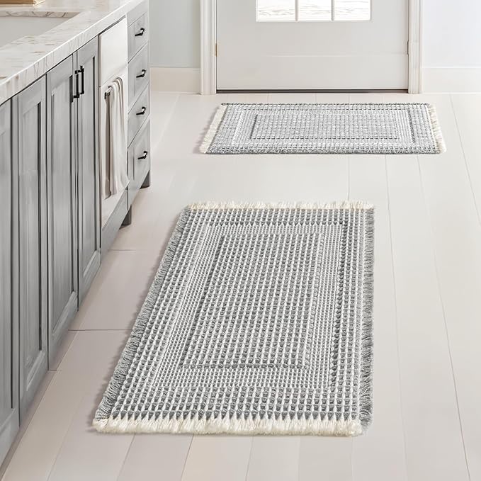 MIULEE Set of 2 Waffle Bathroom Rugs, Boho Bath Rug Super Absorbent, Non Slip Washable Ultra Soft Rubber Backed Shower Bath Mats for Floor, Tub, Shower, Looped Design, Lightgrey & Cream, 17x24 Inch
