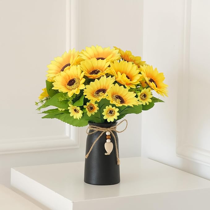Artificial Sunflower Arrangement in Black Vase - 3 Bunches of Lifelike Sunflowers with Rustic Black Vase for Home Décor, Office, and Special Occasions